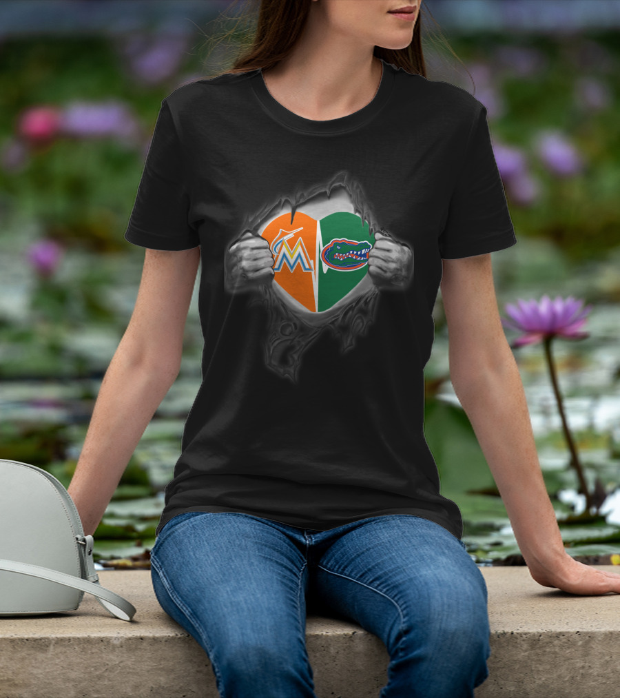 Marlins Gators Heart Split Logo Combo T-Shirt