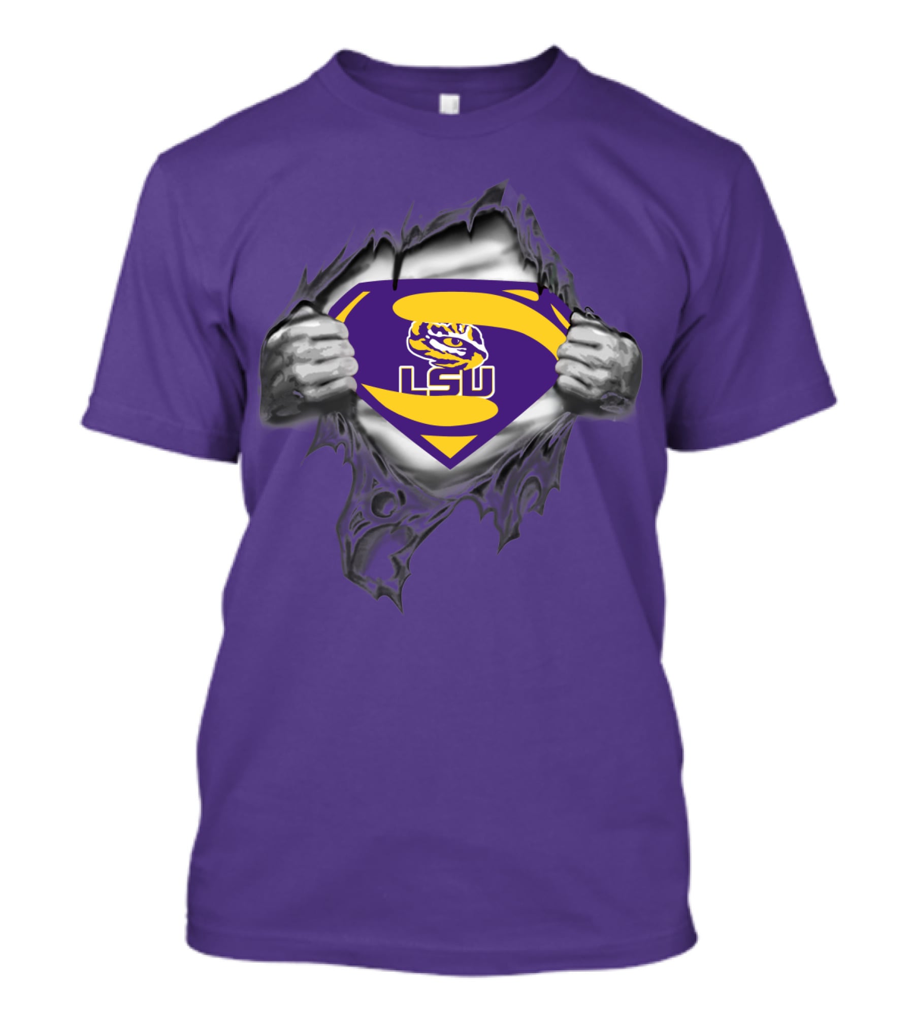 LSU Tigers Superman Logo With Hands Ripping Purple T-Shirt