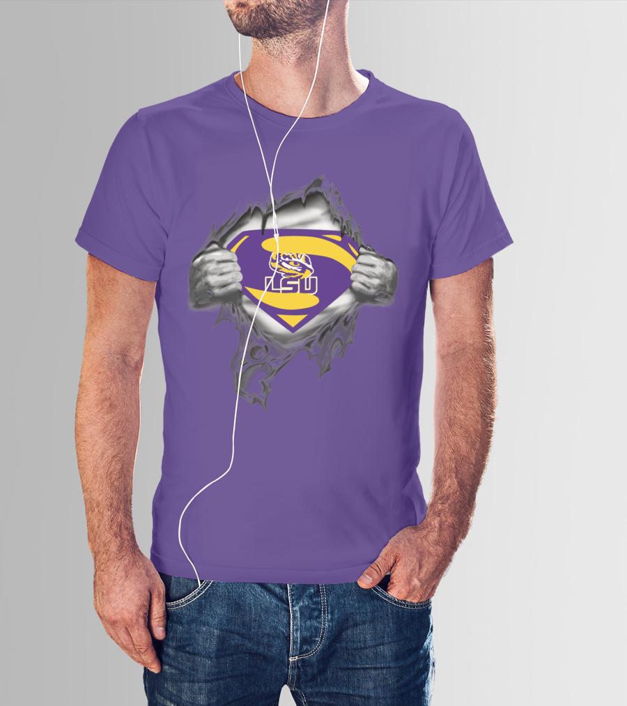 LSU Tigers Superman Logo With Hands Ripping Purple T-Shirt