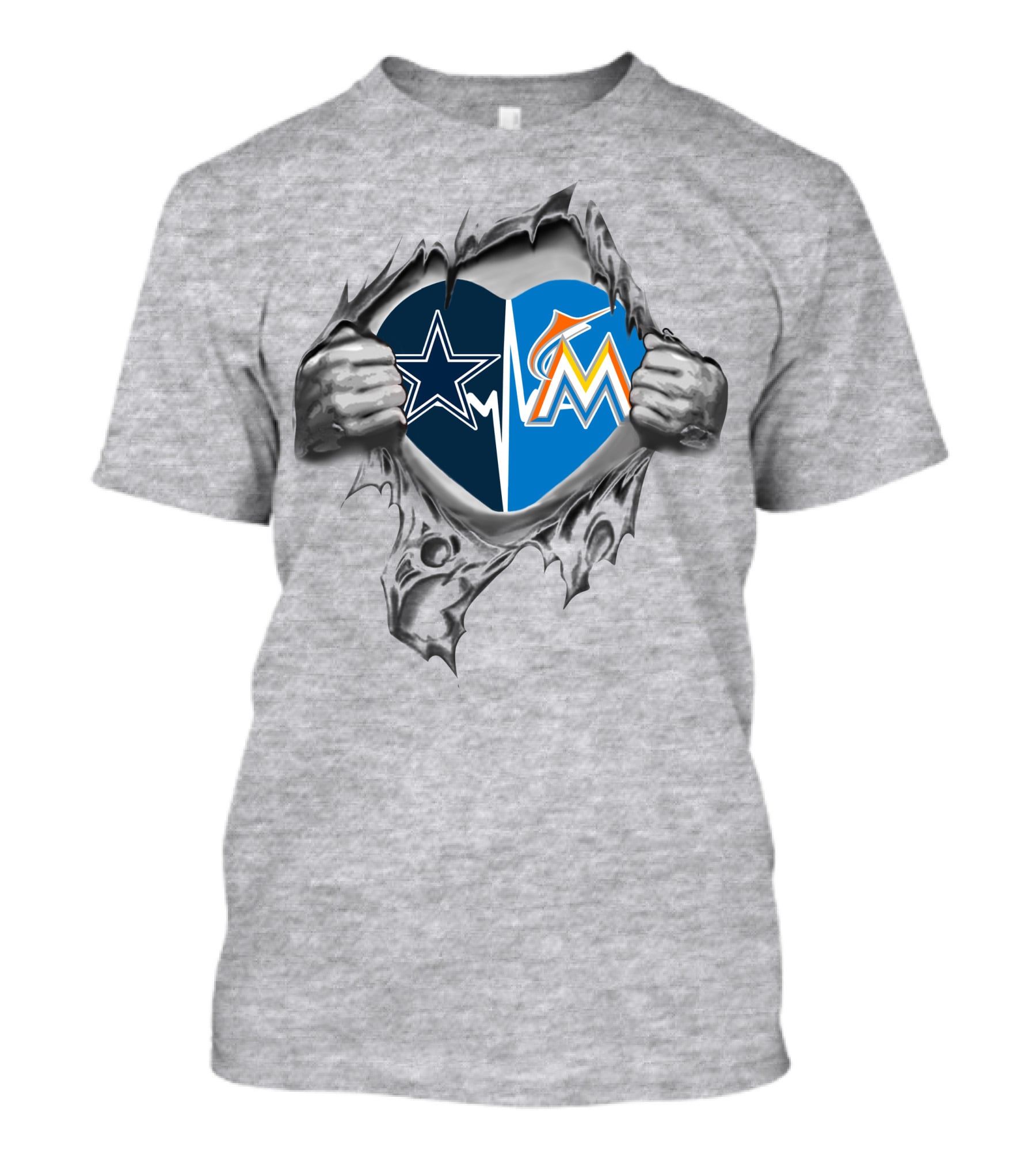 Cowboys Marlins Heart Design With Team Logos And Ripped Effect T-Shirt