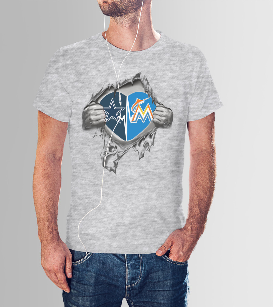 Cowboys Marlins Heart Design With Team Logos And Ripped Effect T-Shirt