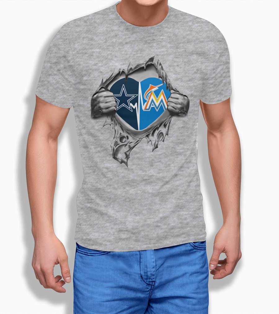 Cowboys Marlins Heart Design With Team Logos And Ripped Effect T-Shirt