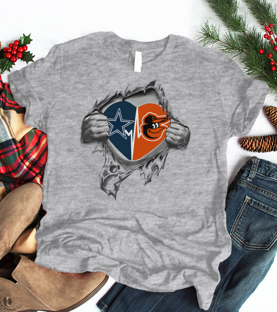 Cowboys Star Orioles Bird Heart Logo With Hands Tearing Fabric T-Shirt
