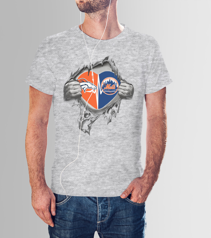 Broncos Mets Heart Split Logo Combination T-Shirt
