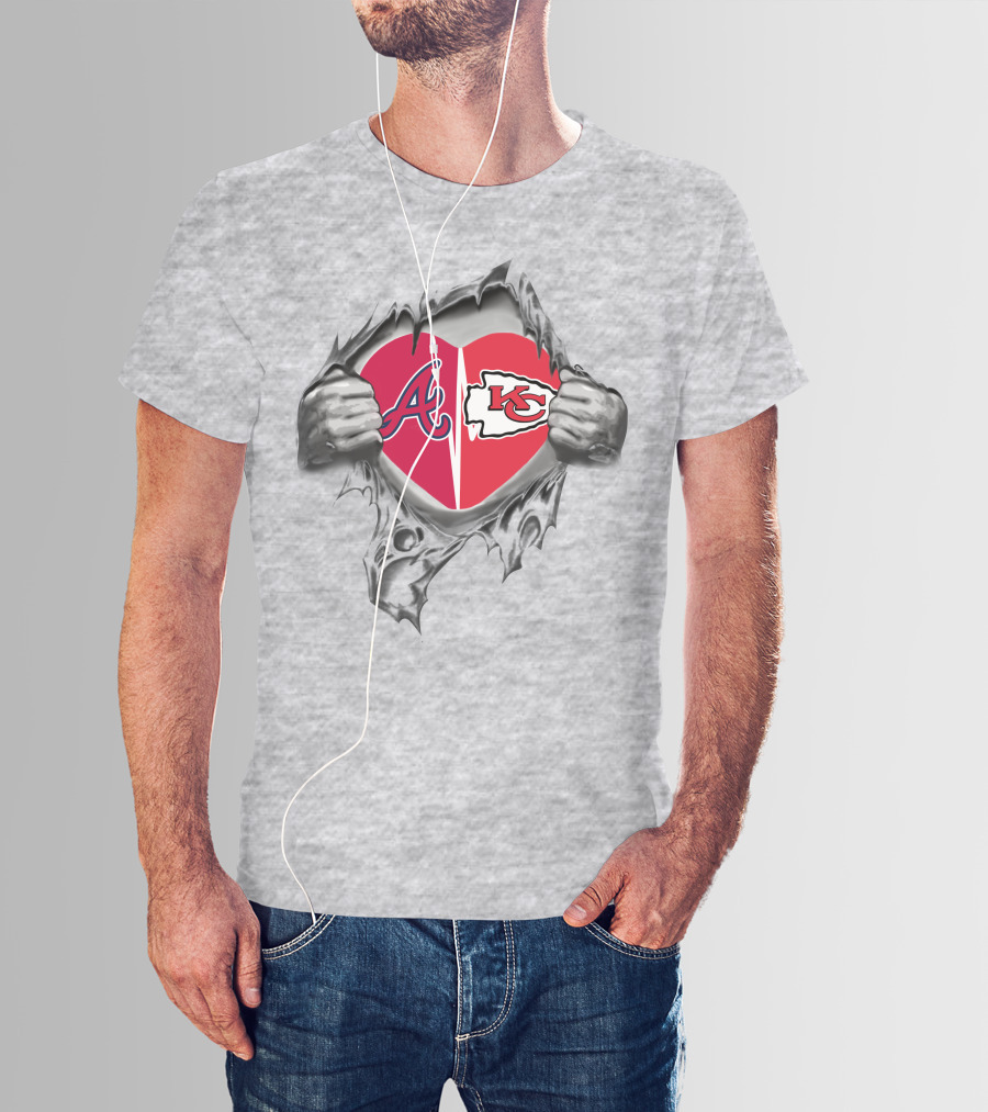 Chiefs Braves Heart Logos Torn Fabric T-Shirt