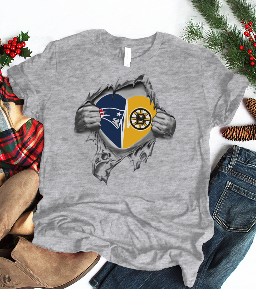 New England Patriots Boston Bruins Heart Logo Fusion T-Shirt