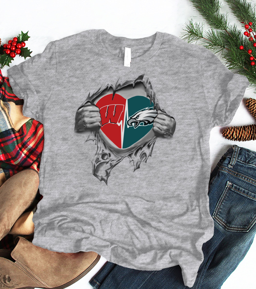 Eagles Badgers Heart Design Featuring Wisconsin And Philadelphia T-Shirt