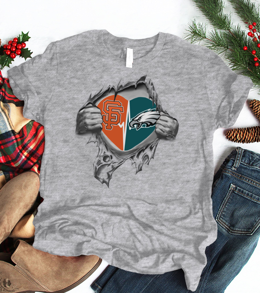 Eagles Giants Heart Logos Torn Fabric Teared Hands T-Shirt