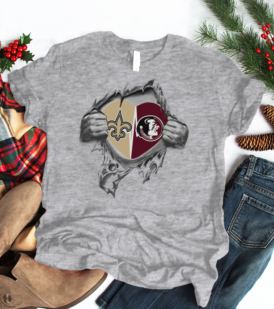 Saints Seminoles Heart Design With New Orleans And Florida State T-Shirt