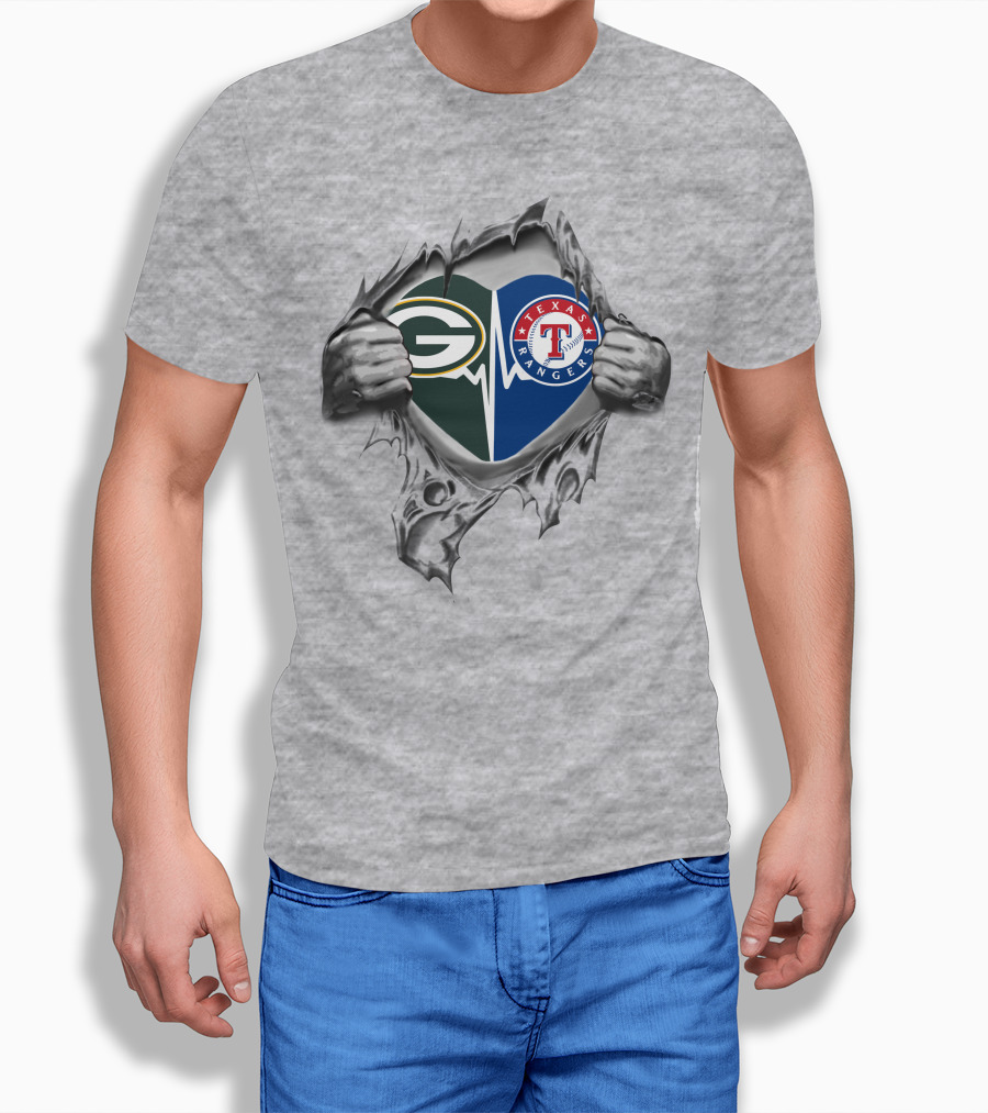 Green Bay Packers And Texas Rangers Heartbeat Logos With Tearing Hands T-Shirt