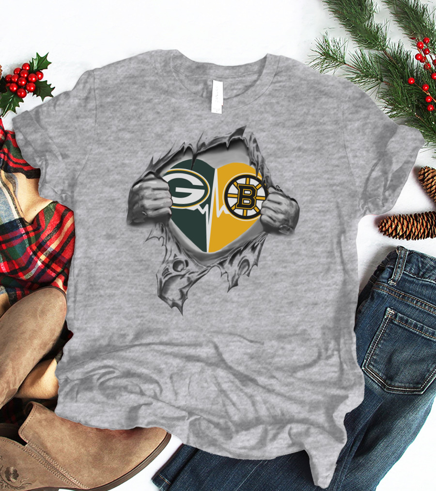 Green Bay Packers Boston Bruins Heart Logo Fusion T-Shirt