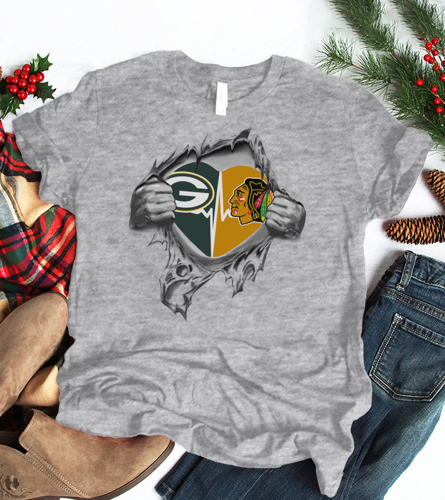 Green Bay Packers Chicago Blackhawks Heartbeat Rip T-Shirt