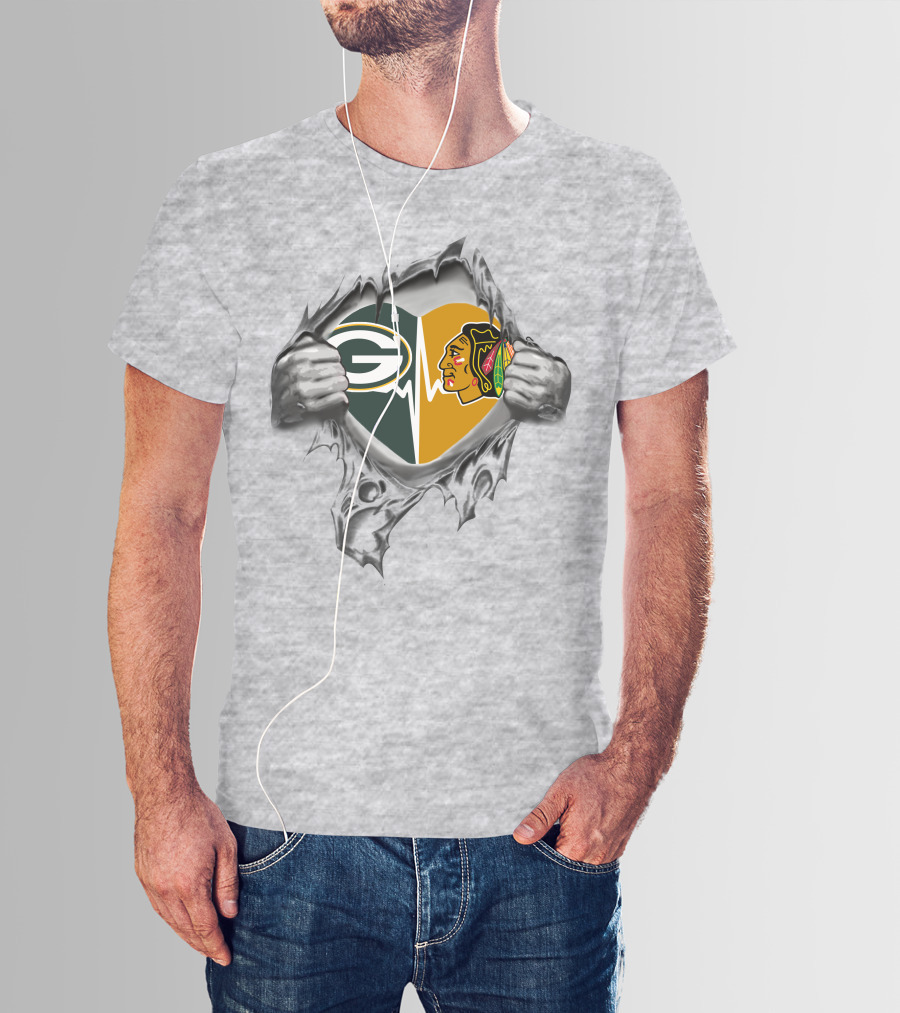 Green Bay Packers Chicago Blackhawks Heartbeat Rip T-Shirt