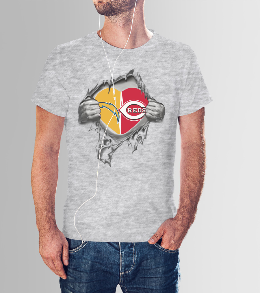 Reds Chargers Heart With Skeleton Hands NFL MLB Crossover T-Shirt
