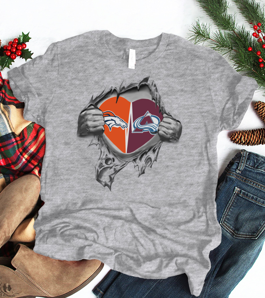 Broncos Avalanche Heart Logos Torn Gray Background T-Shirt