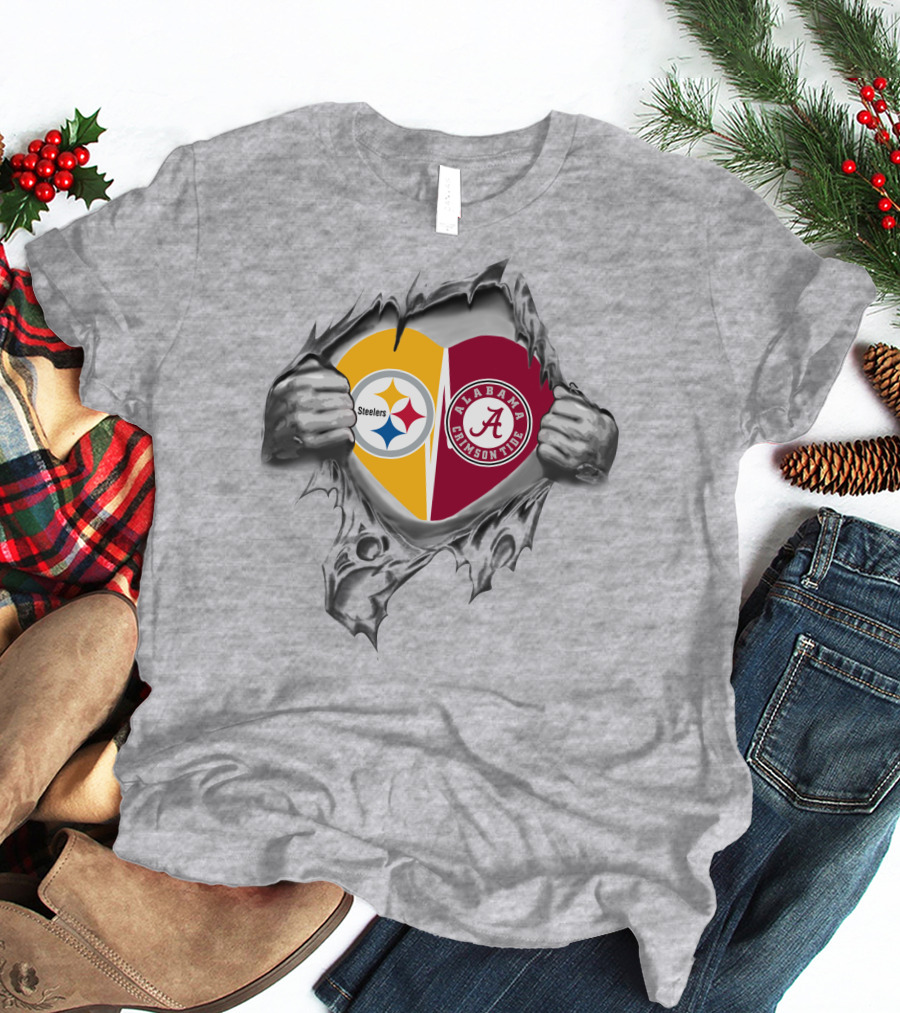 Steelers And Alabama Crimson Tide Heart T-Shirt