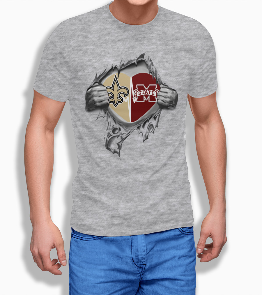 Saints MS State Heart Design Fleur-de-Lis And Bulldogs Ripped T-Shirt