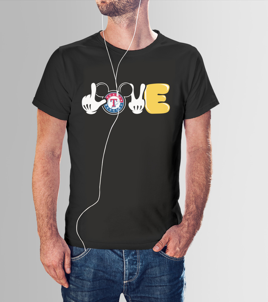 Love Texas Rangers Mickey Mouse Ears And Gloves T-Shirt