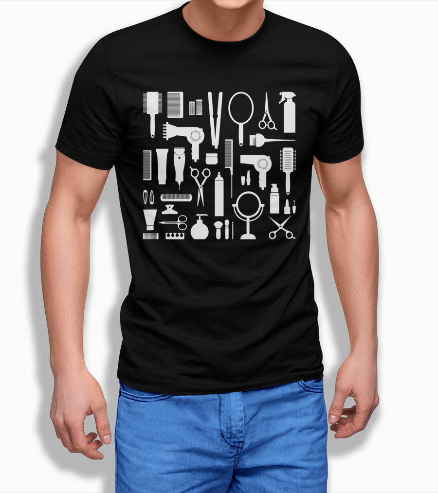 Barber Hairdressing Equipment Scissors Combs Mirrors Sprays Clippers Styling Tools Collection T-Shirt