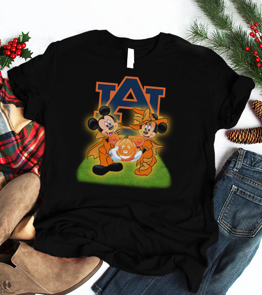 Auburn Football Halloween Mickey And Minnie Pumpkin T-Shirt