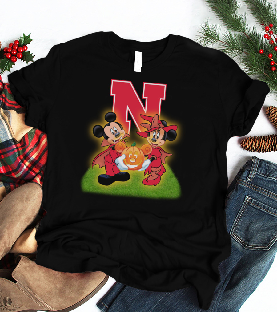 Halloween Nebraska Cornhuskers Football Mickey Minnie Pumpkin T-Shirt
