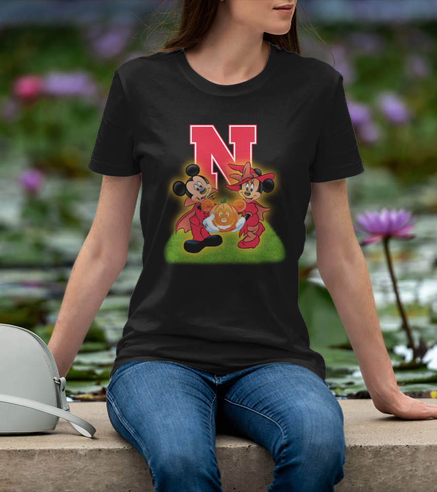 Halloween Nebraska Cornhuskers Football Mickey Minnie Pumpkin T-Shirt