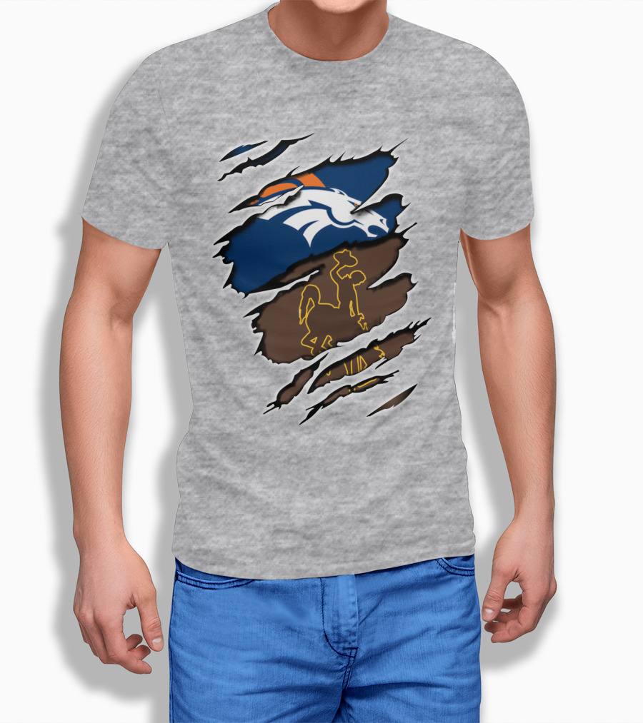 Denver Broncos And Wyoming Cowboys Ripped T-Shirt