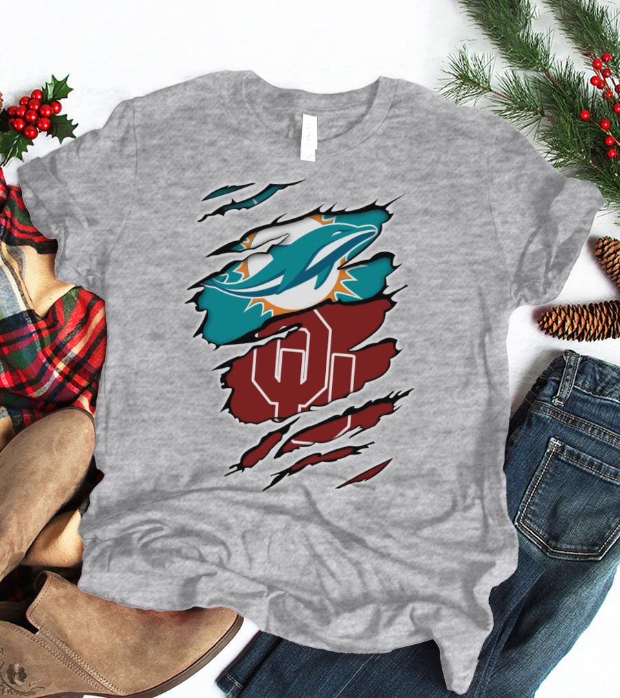 Miami Dolphins Oklahoma Sooners Teal Aqua Crimson Red Blend T-Shirt