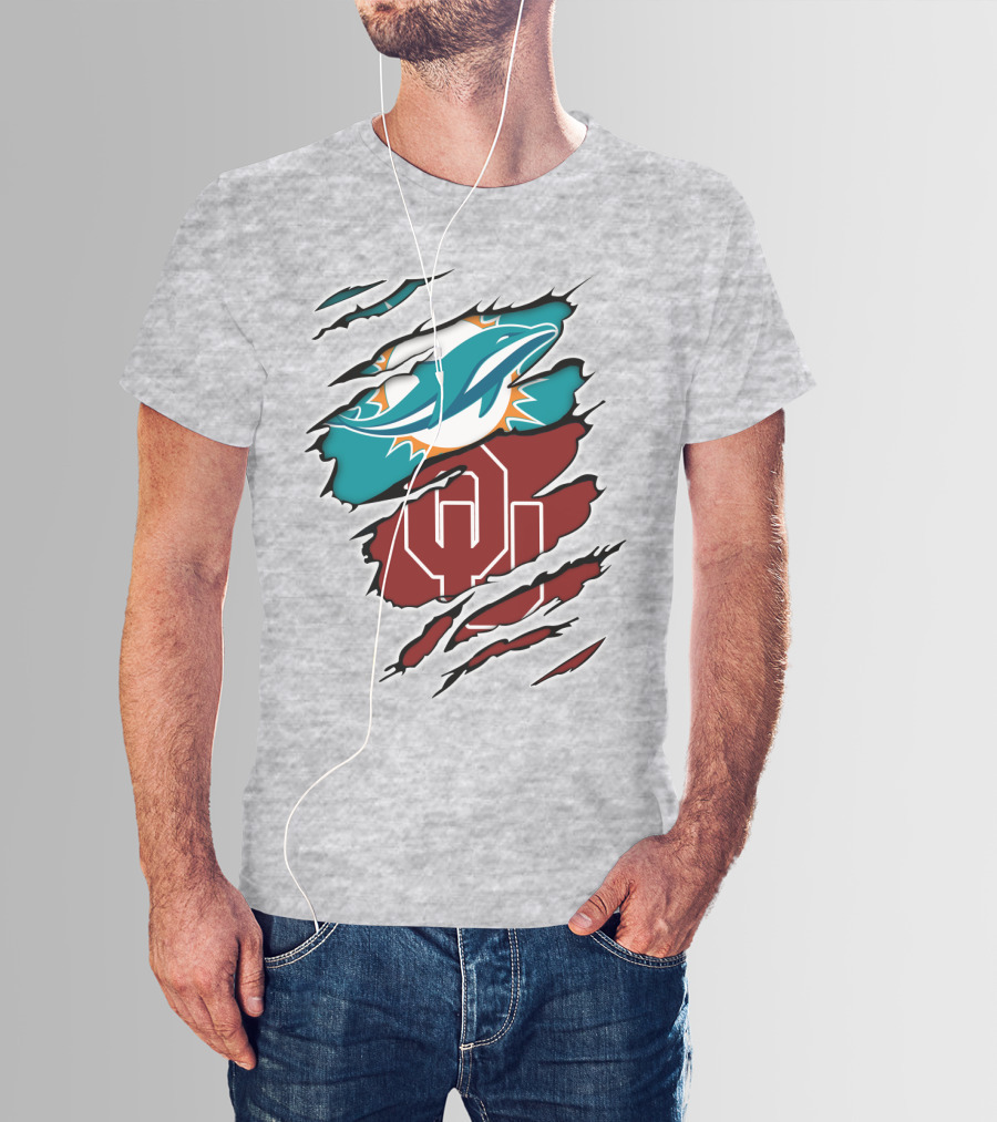 Miami Dolphins Oklahoma Sooners Teal Aqua Crimson Red Blend T-Shirt