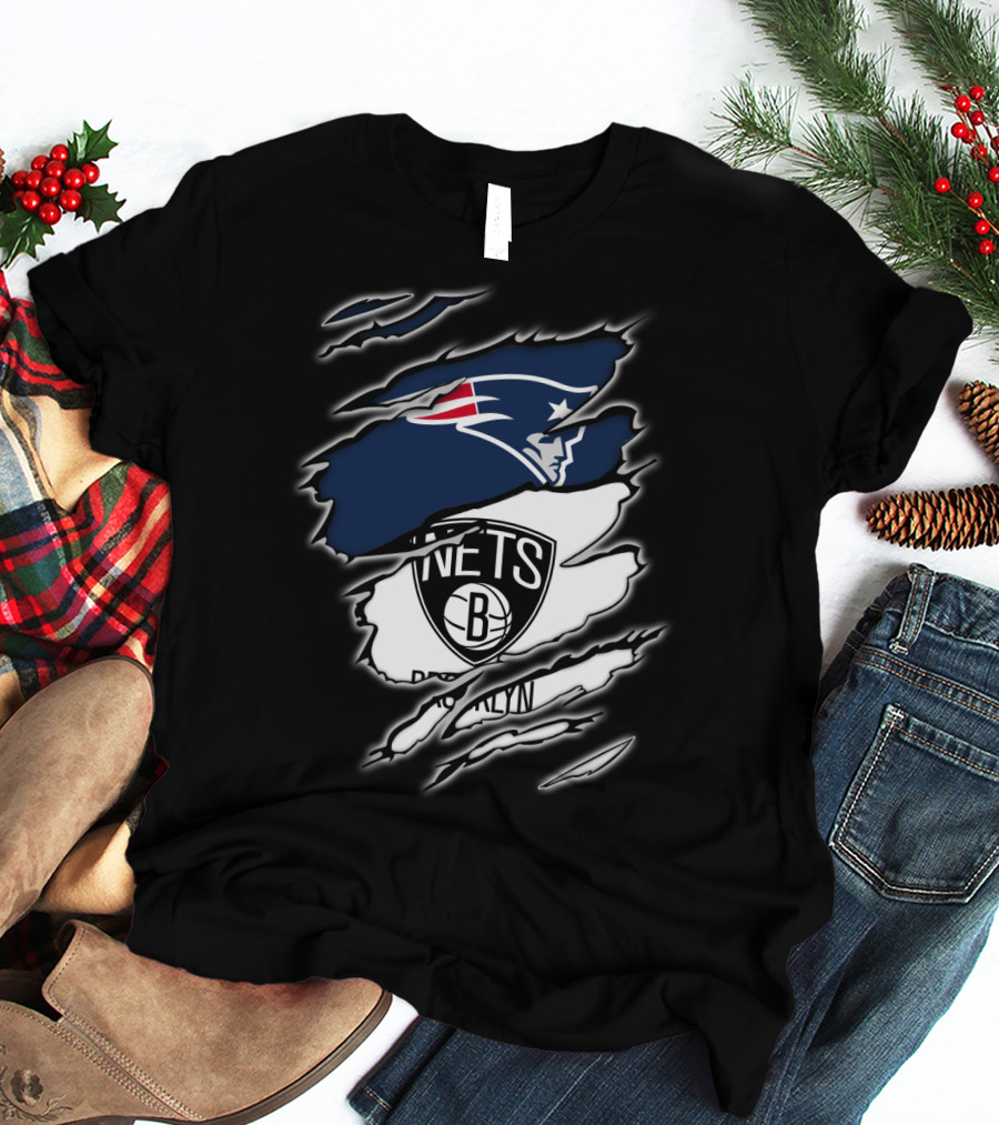 New England Patriots And Brooklyn Nets Ripped T-Shirt
