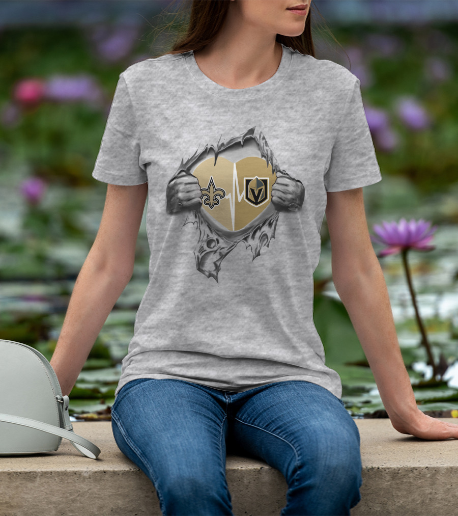 Golden Knights And Saints Heartbeat Fleur-de-Lis And Shield Emblem T-Shirt