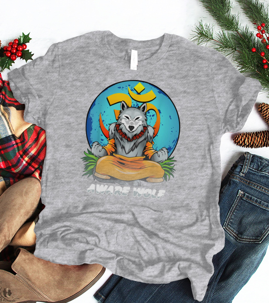 Aware Wolf Meditation Om Symbol Wolf T-Shirt