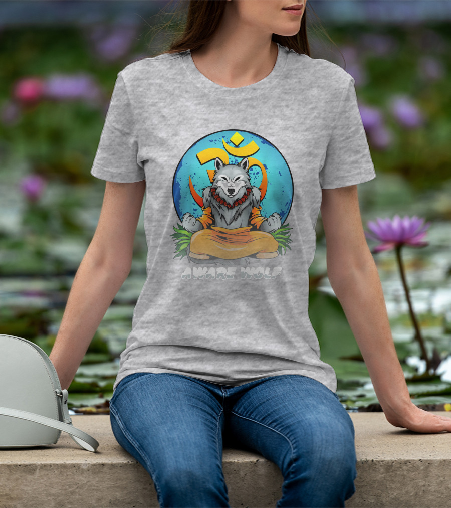 Aware Wolf Meditation Om Symbol Wolf T-Shirt