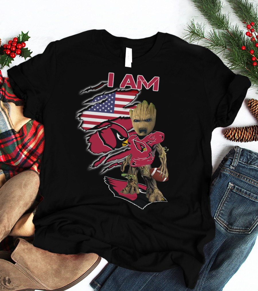 I Am Arizona Cardinals Baby Groot American Flag T-Shirt
