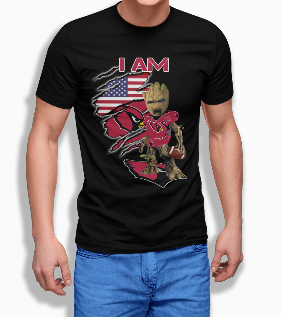I Am Arizona Cardinals Baby Groot American Flag T-Shirt