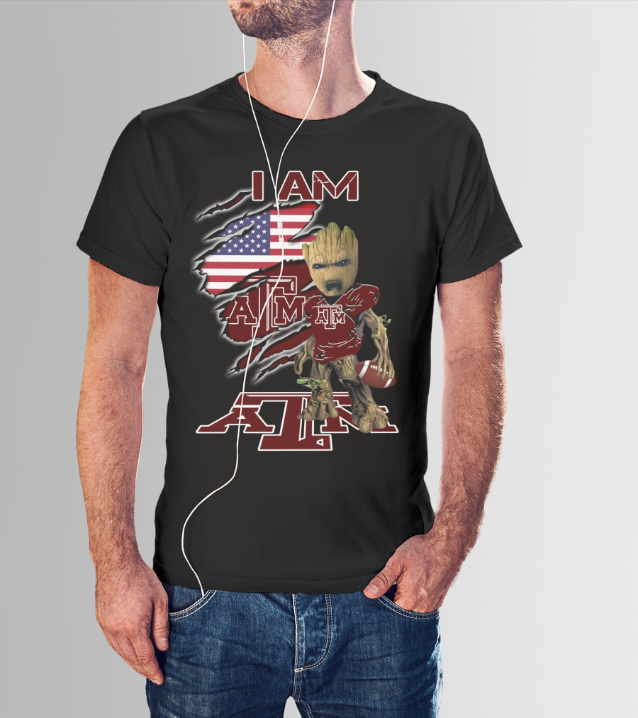 I AM ATM Baby Groot American Flag Football T-Shirt