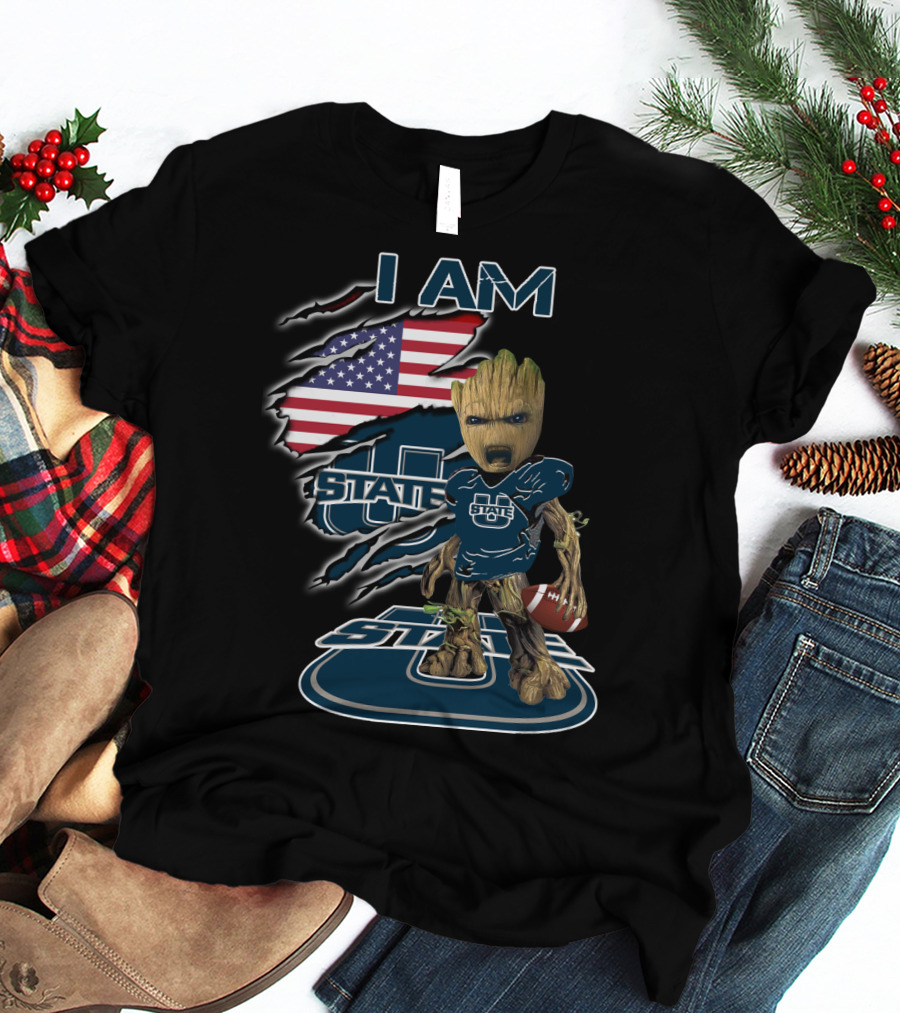 I AM Utah State Baby Groot Football American Flag T-Shirt
