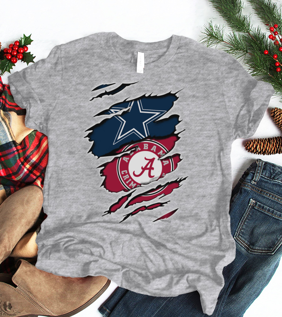 Dallas Cowboys Star And Alabama Crimson Tide Paw Rips T-Shirt