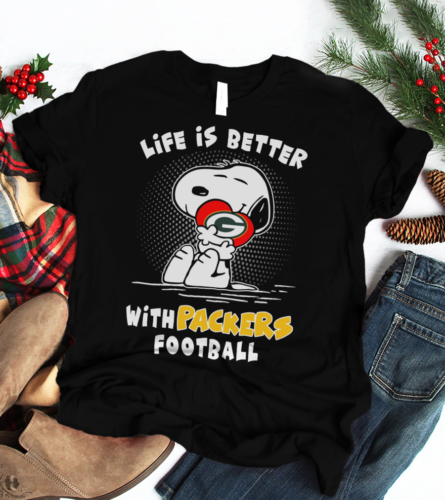 Life Is Better With Packers Football Snoopy Hugging Packers Helmet T-Shirt