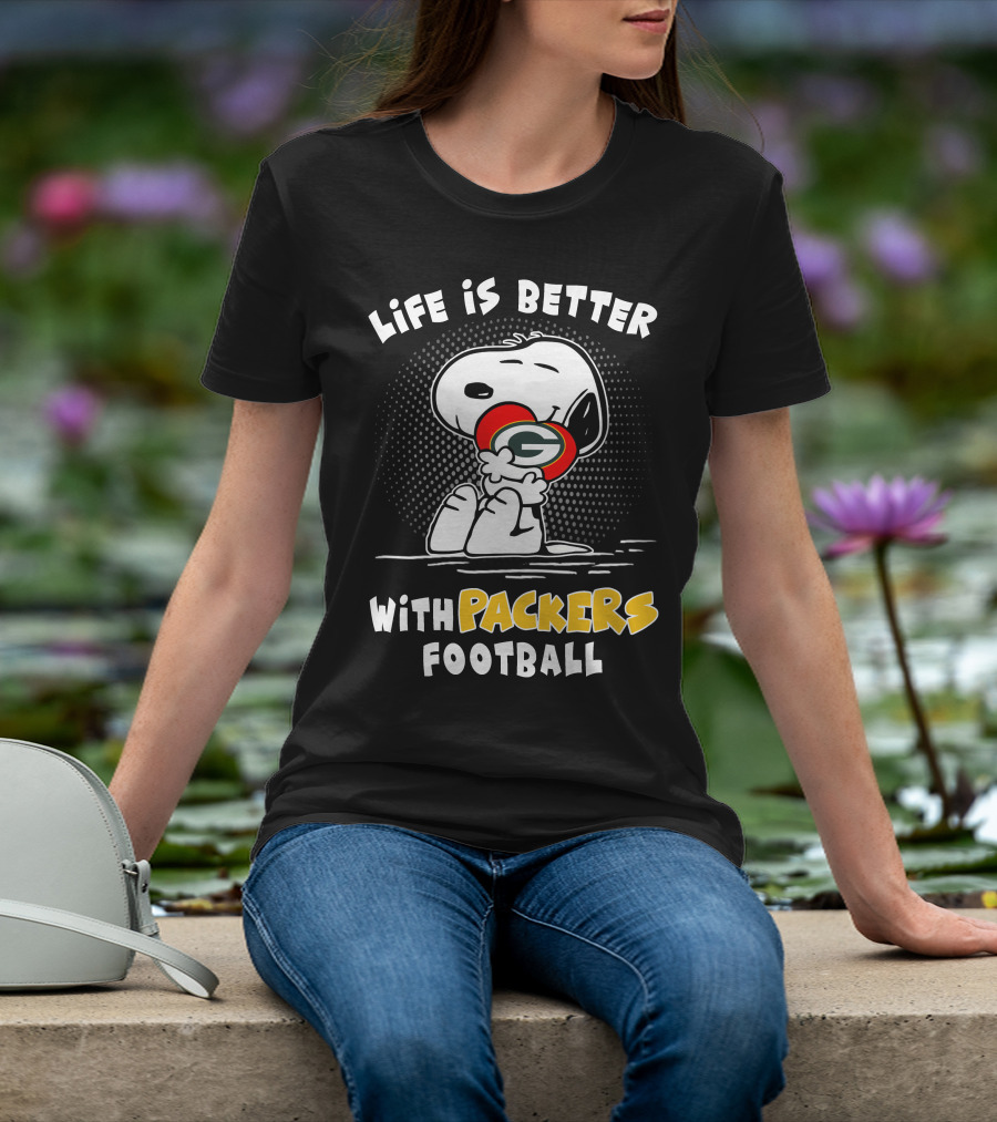 Life Is Better With Packers Football Snoopy Hugging Packers Helmet T-Shirt