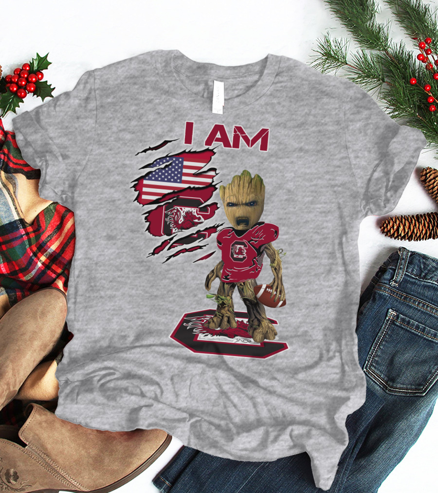 I Am Gamecocks Baby Groot Football American Flag T-Shirt