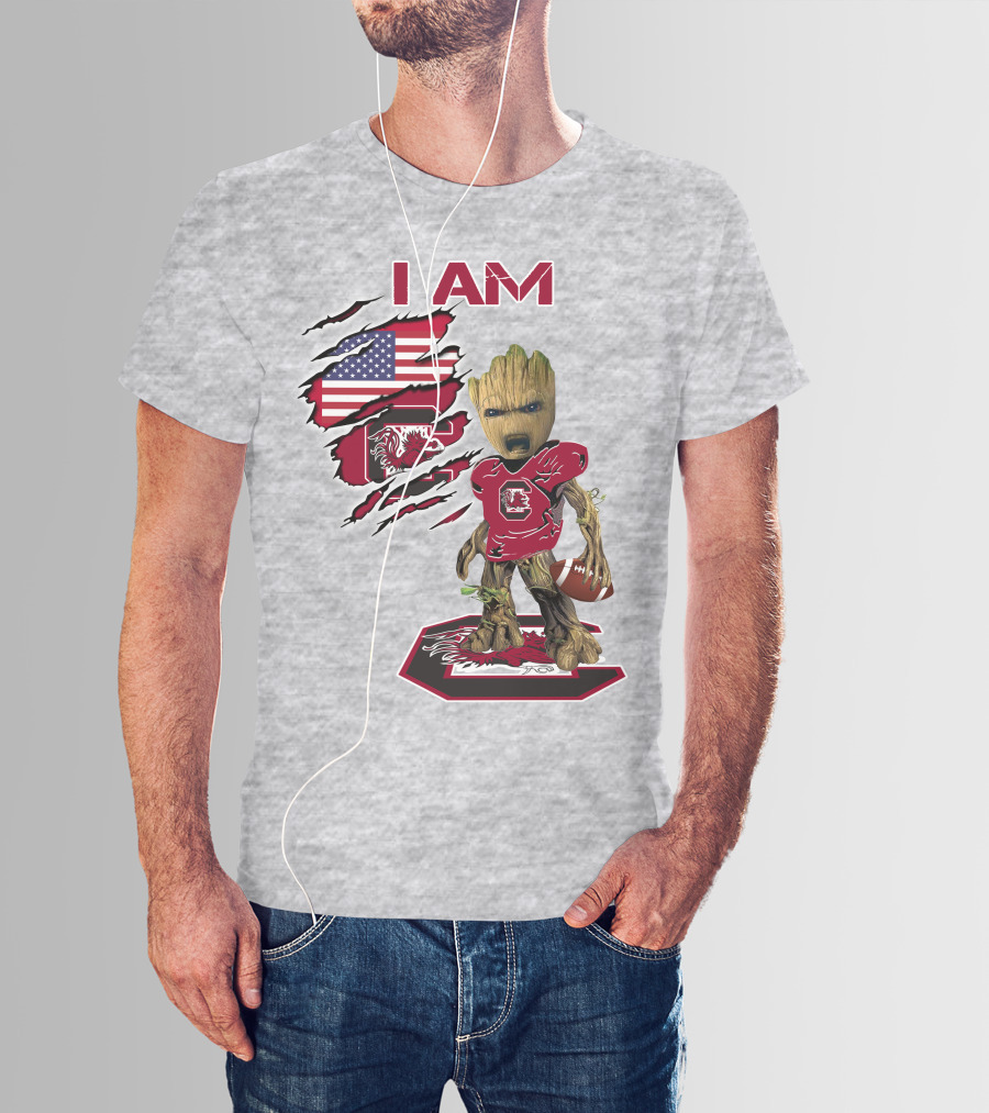 I Am Gamecocks Baby Groot Football American Flag T-Shirt