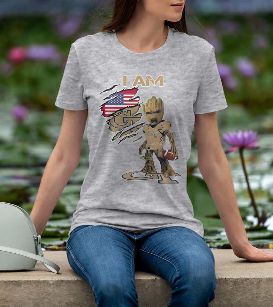 I Am Georgia Tech GT Baby Groot American Flag Football T-Shirt