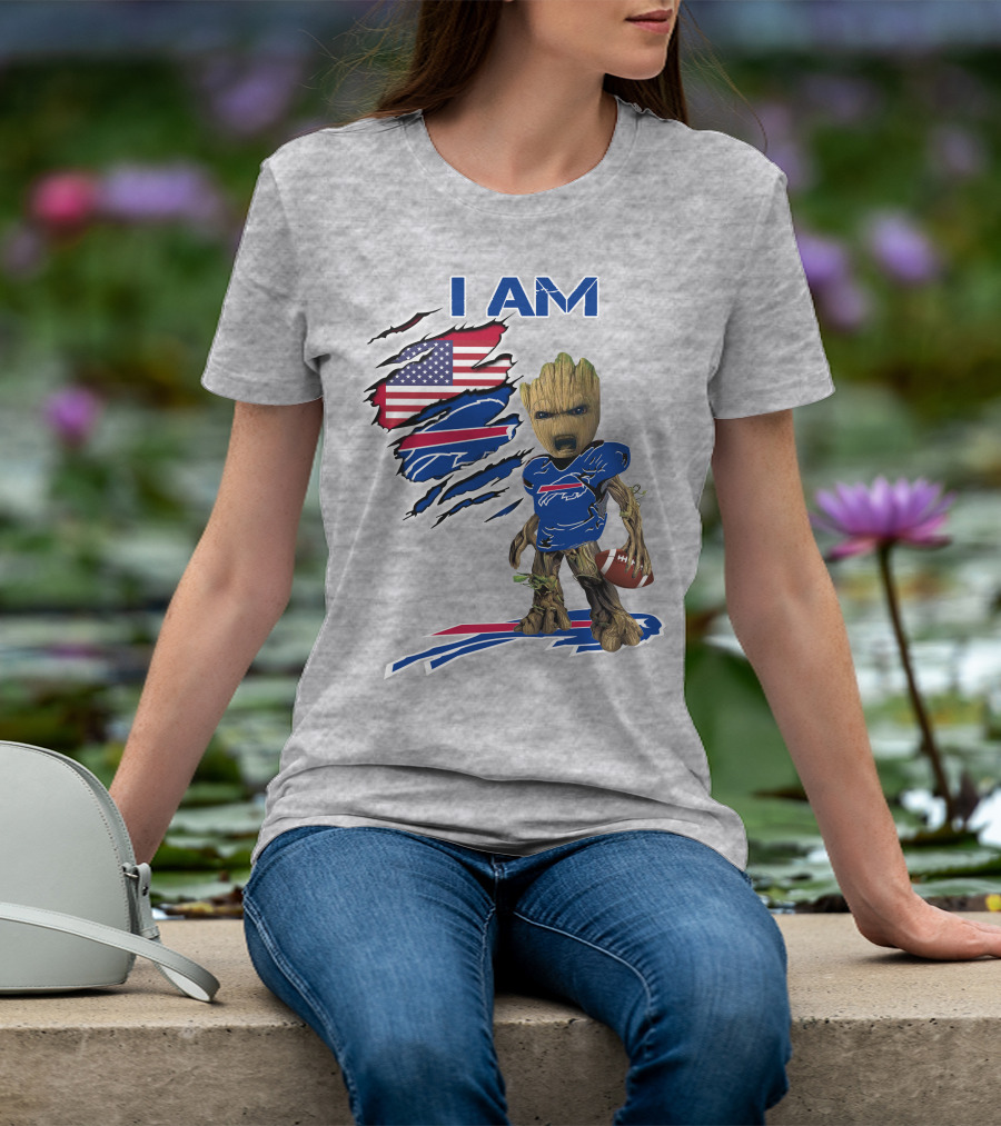 I Am American Flag Football Groot Bills T-Shirt