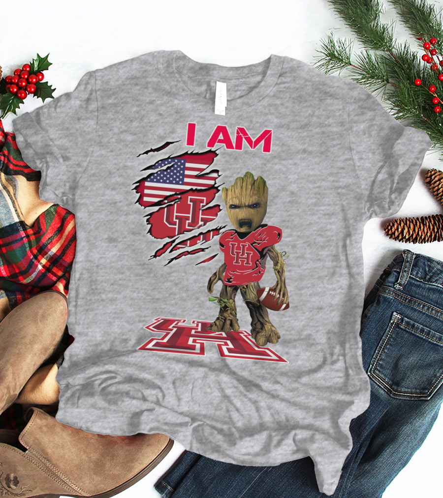 I AM Houtons Baby Groot UH Football American Flag Background T-Shirt