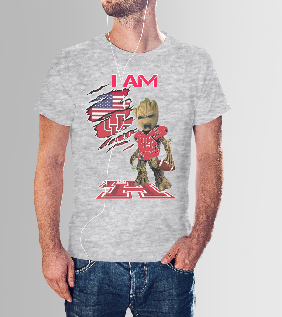 I AM Houtons Baby Groot UH Football American Flag Background T-Shirt