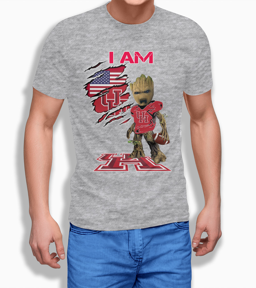 I AM Houtons Baby Groot UH Football American Flag Background T-Shirt