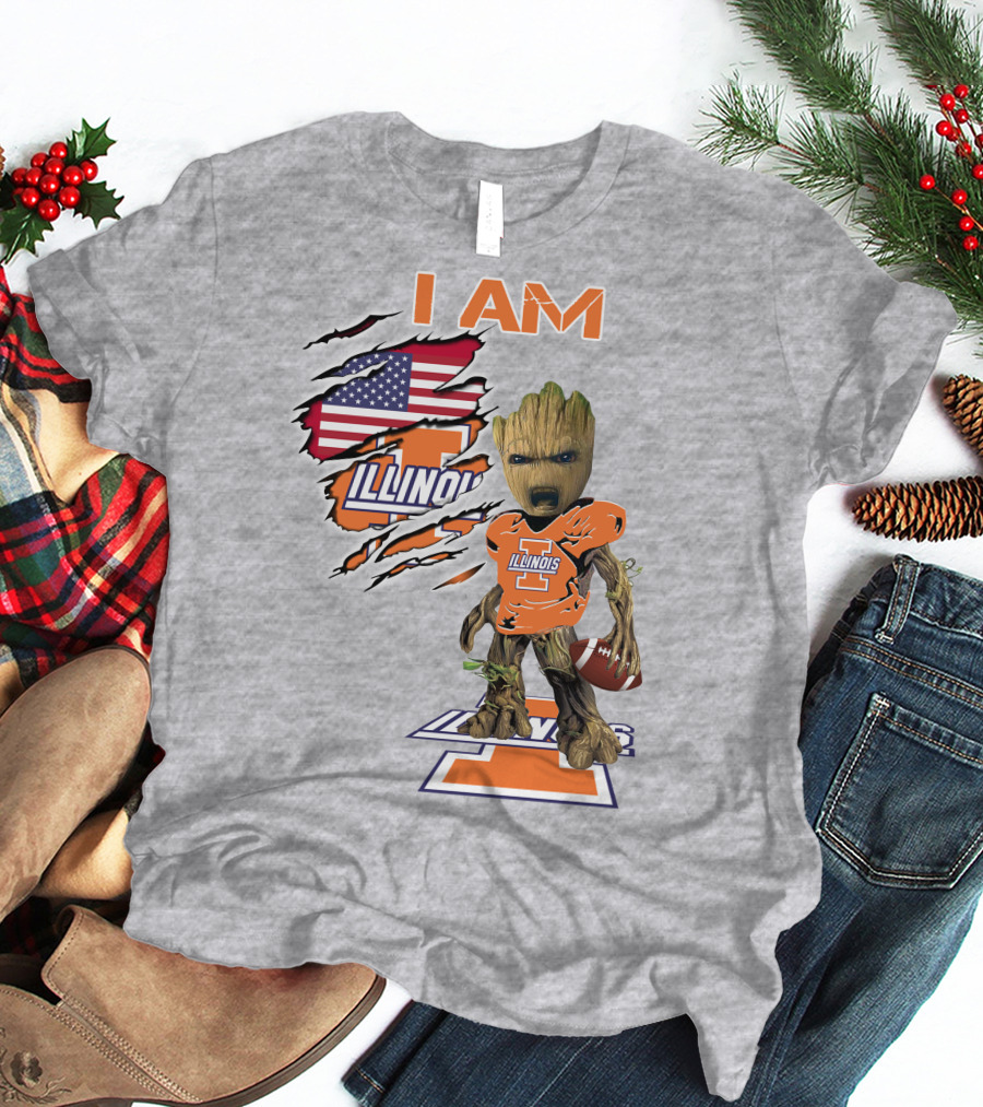 I AM Illinois Baby Groot Football American Flag T-Shirt