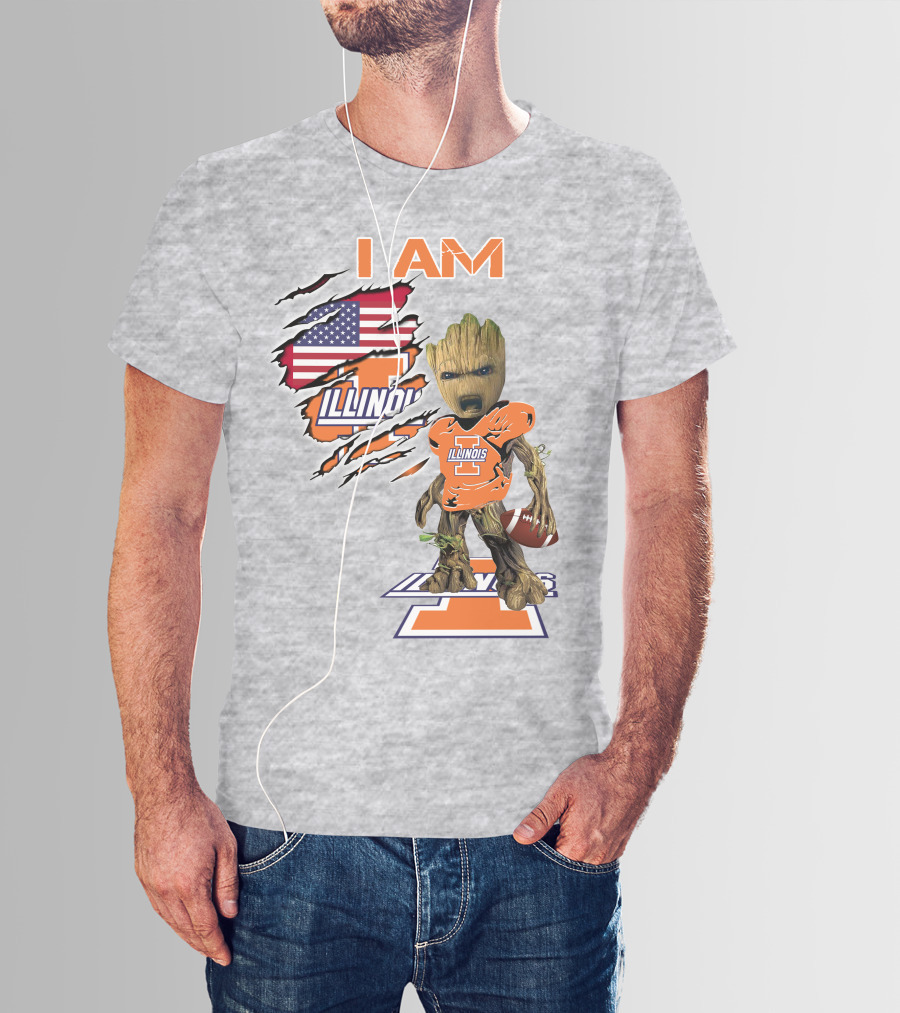 I AM Illinois Baby Groot Football American Flag T-Shirt