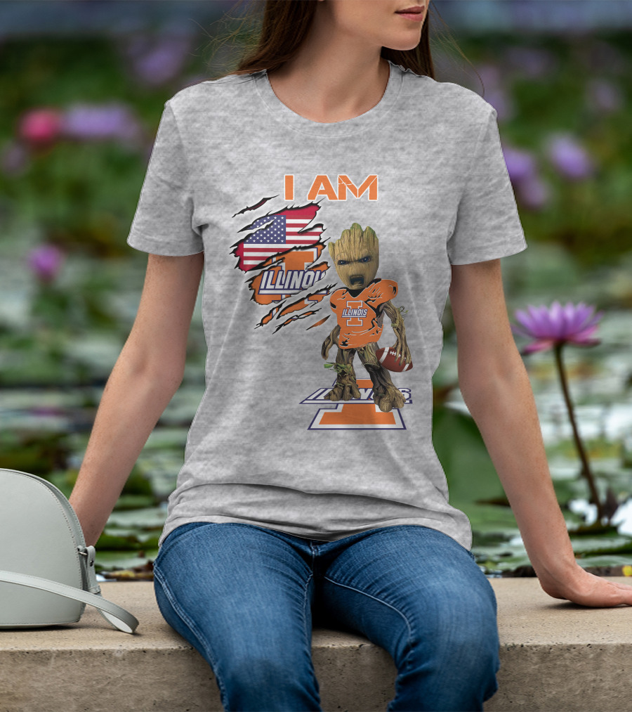 I AM Illinois Baby Groot Football American Flag T-Shirt